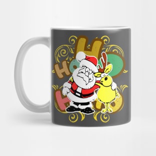 Ho ho ho Santa Claus and Rudolf the reindeer in friendly embrace in a Christmas atmosphere against the background of colorful letters Mug